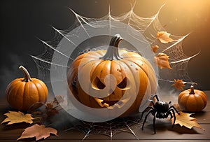 Halloween, black spider with web and big orange pumpkin
