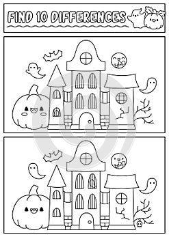 Halloween black and white find differences game for children. Attention skills line activity with cute haunted house. Puzzle for