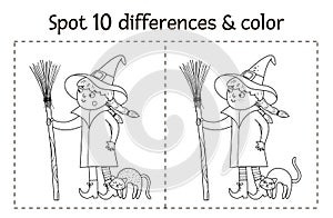 Halloween black and white find differences game for children. Autumn educational activity with funny witch, broom, cat. Printable