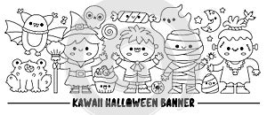 Halloween black and white horizontal banner with cute kawaii characters for kids. Vector line witch standing with vampire, mummy,