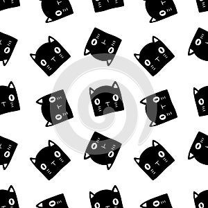 Halloween black and white pattern with cat heads on white background. Drawn by hand vector doodle black cats. Good for halloween