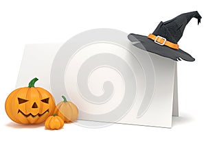 Halloween blank card, with witch hat and Jack O Lantern pumpkins. 3D render