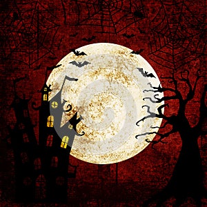 Halloween bloody red background with bats, full moon, tree, spider, webs and castle