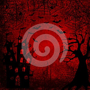 Halloween bloody red background with bats, terrible dead tree, spiders, webs and castle