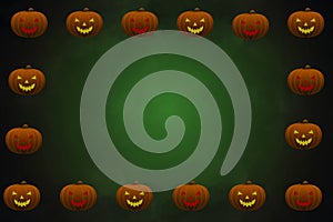 A Halloween border of pumpkin faces with orange and yellow cut-out features, on a dark green vignette background