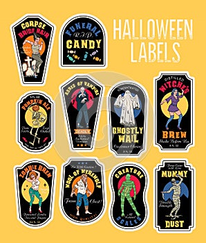 Halloween Bottle Labels Potion Labels with Monsters.