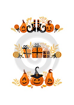 Halloween bright set vector illustration. Pumpkin jack-o-lantern, witch hat, striped stockings, shoes, lollipop, gifts