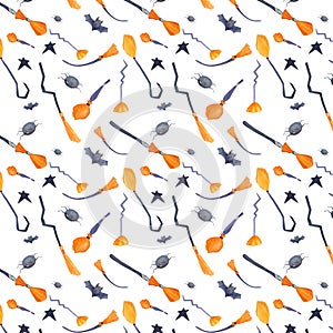 Halloween Broomsticks, Bats and Spiders watercolor seamless pattern. Scary decorative background. Festive decor clip art