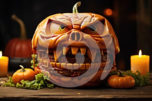 Halloween burger with spooky face, scary themed food photography for menu. Monster food concept