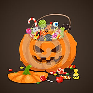 Halloween candies in pumpkin bag. Sweet lollipop candy for kids. Trick or treat, isolated children sweets vector