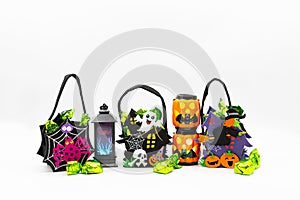 Halloween Candy Bags Cute Felt Pouches with Handles, Trick or Treat Goody Bags on white background