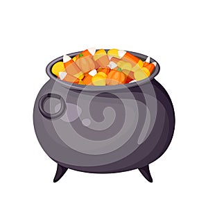 Halloween candy corn in witches cauldron. Vector illustration.