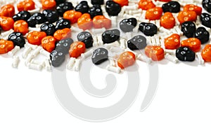 Halloween candy frame on whiye background with copy space