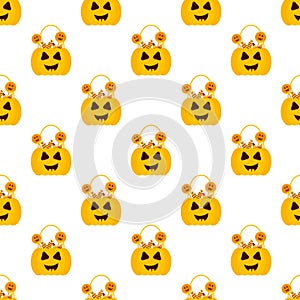 Halloween candy seamless pattern. Halloween party background with lollipops, candy corn. Different types halloween sweets