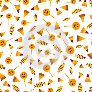 Halloween candy seamless pattern. Halloween party background with lollipops, candy corn. Different types halloween sweets