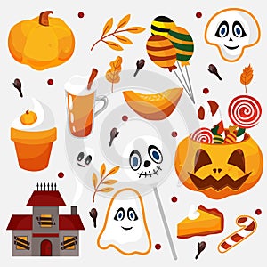 Halloween candy set. Gingerbread, balls, candy, lollipops, muffins, pumpkin, pumpkin pie, pumpkin latte, haunted house, cloves.