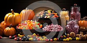 Halloween Candy Spread on Table for Trick-or-Treaters AI Generated