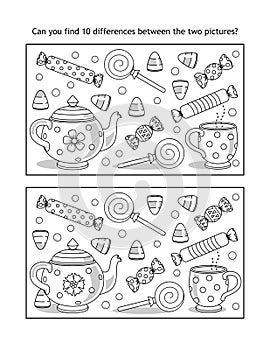 Halloween candy and tea party find the differences picture puzzle and coloring page