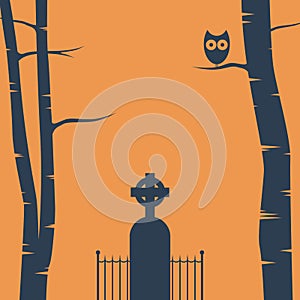Halloween card background with trees, tombstone