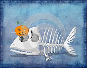 Halloween Card Black Cat in Fish Skeleton