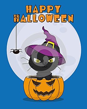 Halloween card. Black cat inside pumpkin