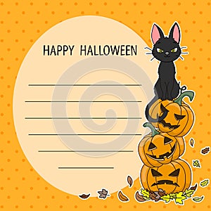 Halloween card. Black cat sitting on top of pumpkins