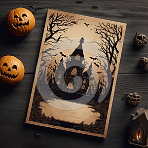 Halloween card with black mistique castle lay on brown wooden table near orange pumpkins, jack-o-lantern. Top view, flat