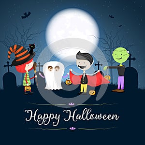 Halloween card with costumed children at a cemetery Halloween background isolated