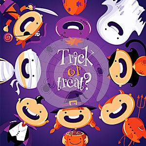 Halloween card with cute cartoon children in colorful costumes