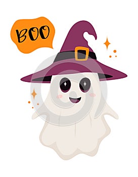 Halloween card with cute ghost in witch hat