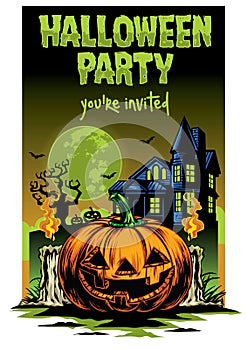 Halloween card design pumpkin and haunted house