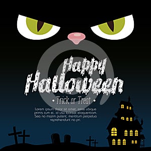 Halloween card with enchanted castle and eyes cat
