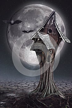 Halloween card with full moon and witch`s house