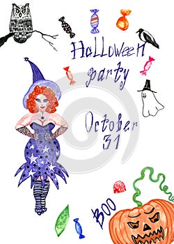 Halloween card. halloween Symbols set on white background. Witch, owl, pumpkin