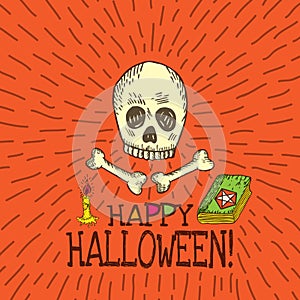 Halloween card with hand drawn skull, spell book and candle