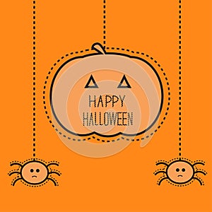 Halloween card with hanging pumpkin and two spiders. Dash line. Flat design.