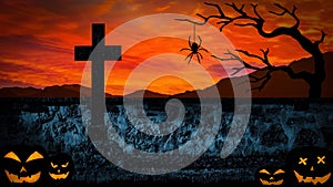 Halloween Card Party background - Pumpkins Cross and spider in Graveyard cementry with orange glowing sky