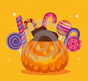 Halloween card with pumpkin and candies photo