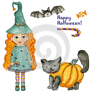 Halloween card. Redhead young witch in green dress with spiders. Black cat in pumpkin. Candy, bat.