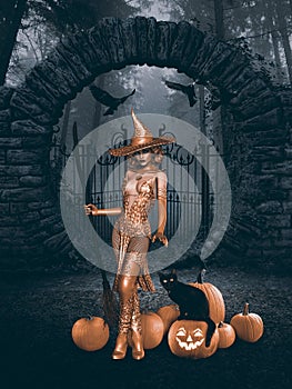 Halloween card with sexy witch and pumpkins