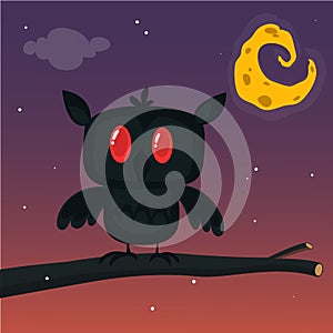 Halloween card, silhouette of owl with large eyes sitting on a branch against a full moon and starry night sky.