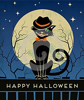 Halloween card with stylish back cat and full moon