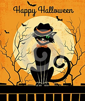 Halloween card with stylish back cat and full moon