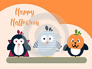 Halloween card template with stylized penguin characters. Modern flat illustration.