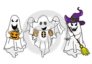 Halloween card. Three ghosts with halloween accessories