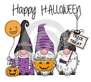 Halloween card. Three gnomes with candy, pumpkin and trick or treat card.