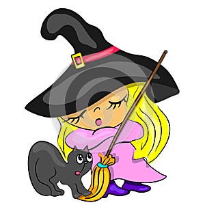 Halloween card with witch broom cat