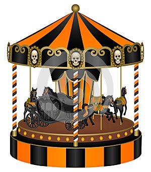 Halloween carousel with black horses and old carriage