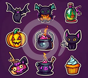 This Halloween cartoon border features a pumpkin lantern, black cat and witch magic cauldron, candies and fairytale photo