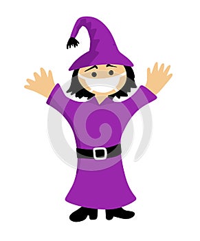 Halloween cartoon character in covid-19 pandemic. scary cute witch in protective mask.